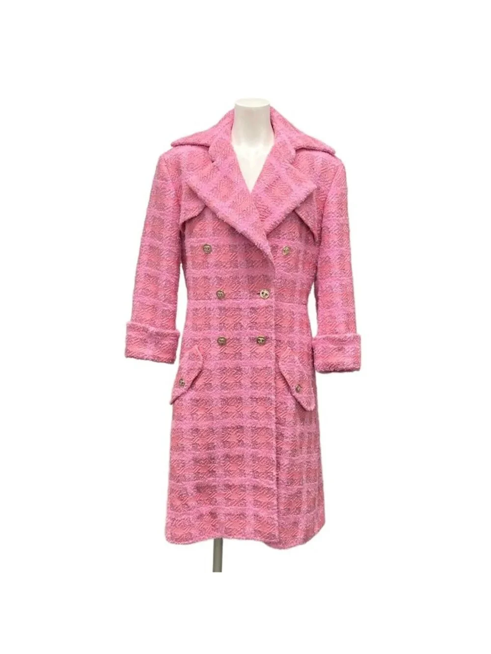 Chanel Coat 34 S Pink Tweed Plaid Rhinestone CC Logo Button Fall Winter Cotton